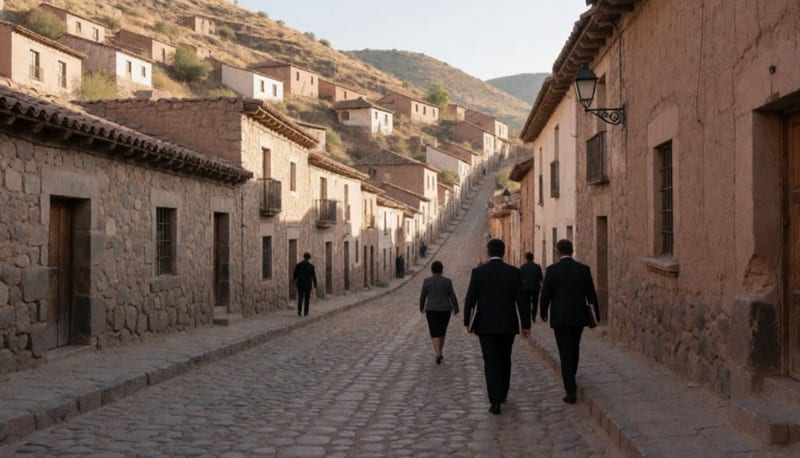Calle empedrada en una antigua ciudad minera con casas en la ladera y personas de traje caminando de espaldas