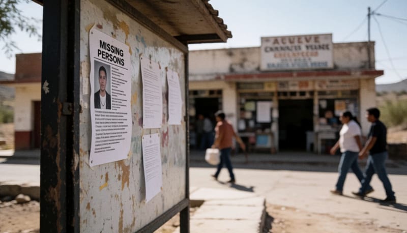 Cartel de búsqueda de persona desaparecida en un tablero comunitario de una plaza de pueblo chihuahuense