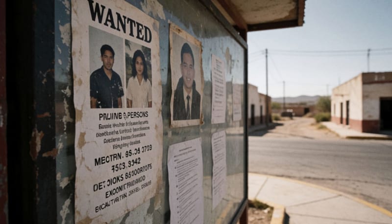 Cartel de búsqueda colocado en un tablero comunitario de un pueblo desértico del norte de México