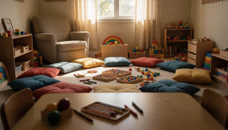 Sala de terapia infantil con cojines de colores, juguetes de madera y luz cálida entrando por la ventana