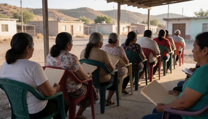Personas mayores sentadas en sillas de plástico en un patio sombreado esperando su turno, con casas bajas y cerros secos al fondo