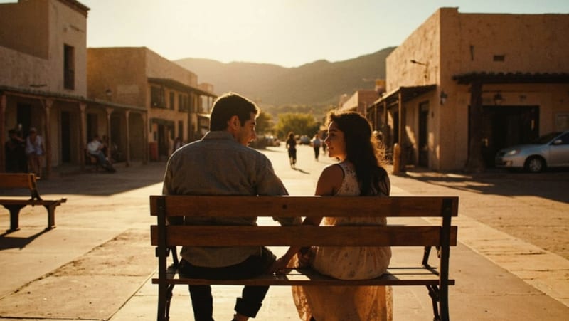 Pareja de esposos tomados de la mano en una plaza de pueblo, con edificios y paisaje desértico de fondo