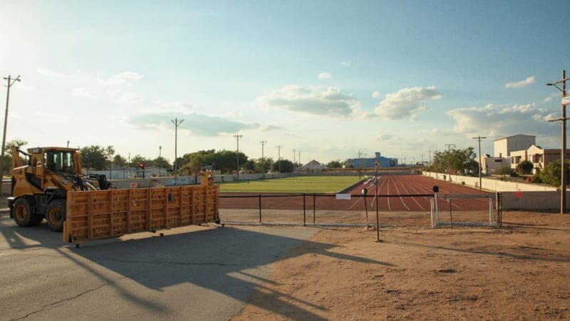 Maquinaria de construcción rodeando la cancha de futbol cerrada del complejo deportivo municipal