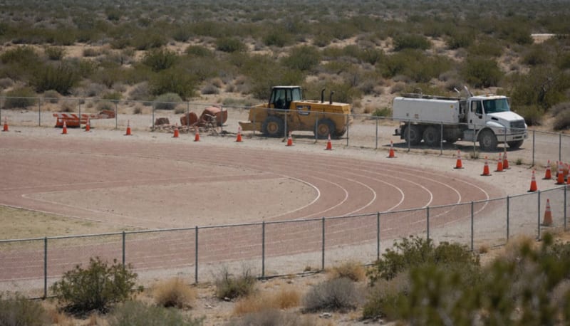 Cancha deportiva cerrada con maquinaria de construcción y conos de seguridad alrededor del perímetro
