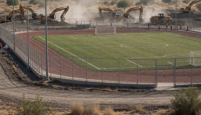 Cancha de futbol y pista de atletismo cercadas con maquinaria de construcción operando en el terreno