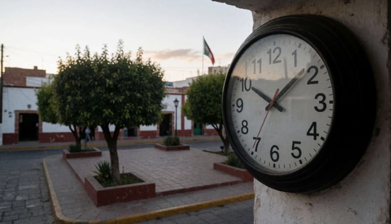 Reloj de una plaza de un pueblo fronterizo al atardecer