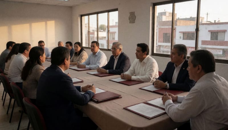 Funcionarios en sala de juntas durante una reunión de gestión administrativa en Ojinaga