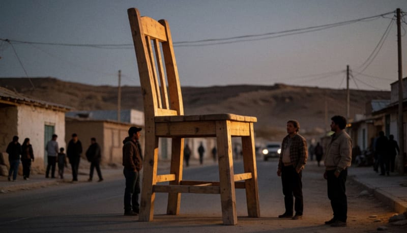 Monumental silla de madera rústica iluminada al atardecer en una calle fronteriza