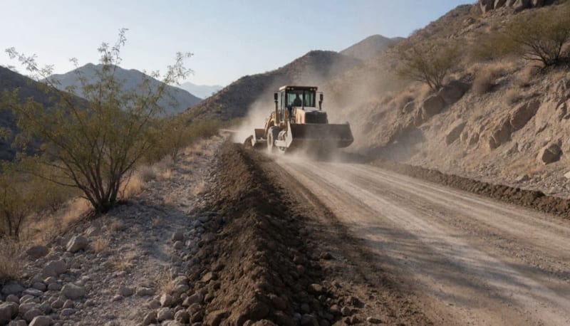 Maquinaria pesada nivelando un camino de tierra en terreno montañoso del desierto chihuahuense