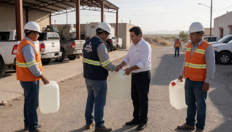 Trabajadores de servicios públicos recibiendo garrafones de agua de manos de autoridades municipales en Ojinaga