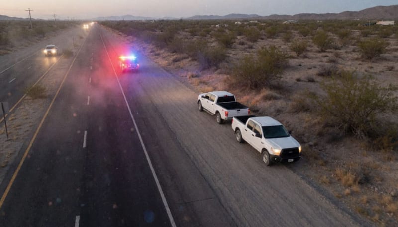 Carretera desértica del norte con vehículos patrulla y luces de emergencia sobre el asfalto al atardecer