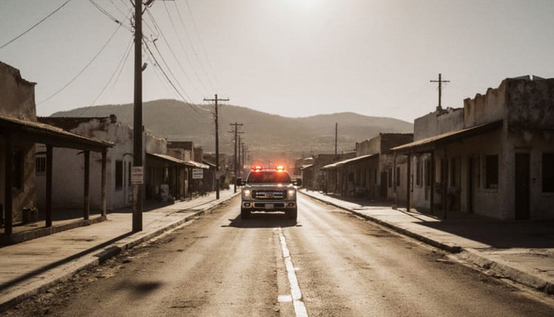 Calle residencial bajo el intenso calor del desierto de Delicias con luz de emergencia iluminando las aceras