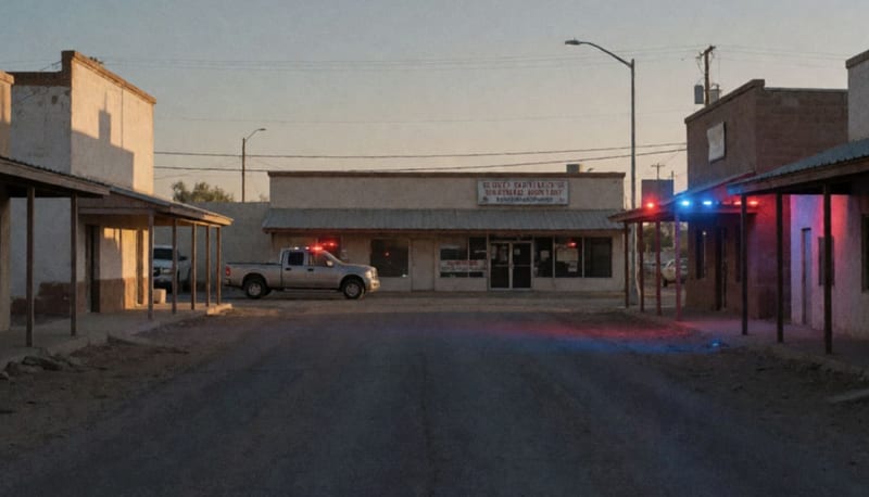 Calle desértica de Ojinaga al atardecer con luces de emergencia alumbrando comercios y vehículos