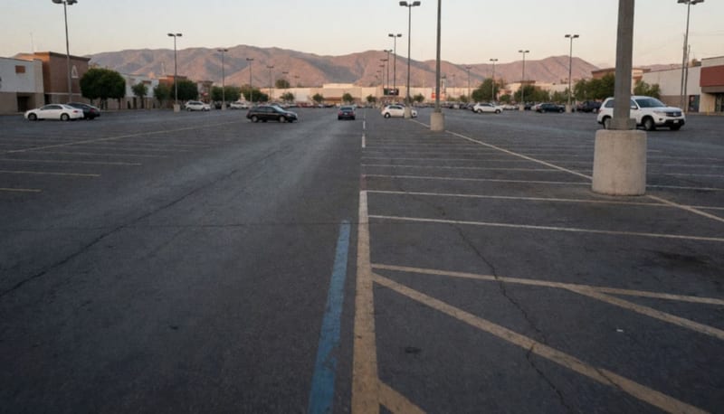 Estacionamiento amplio y casi vacío de una plaza comercial al atardecer en Chihuahua