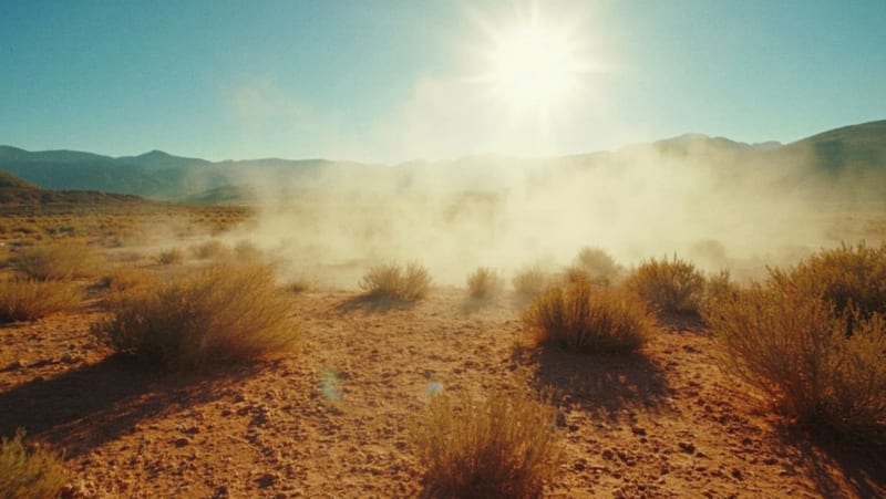 Paisaje árido del norte de Chihuahua bajo el intenso calor del mediodía, con vegetación escasa y bruma por el calor extremo