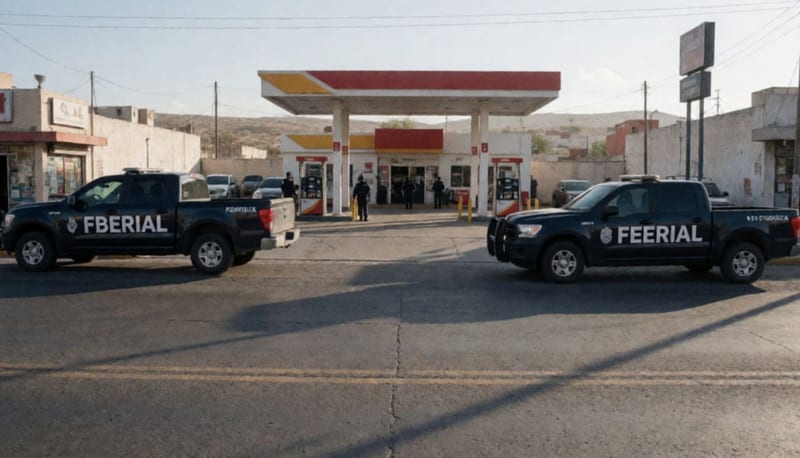 Fuerzas federales desplegadas en los alrededores de una gasolinera durante un operativo en zona urbana
