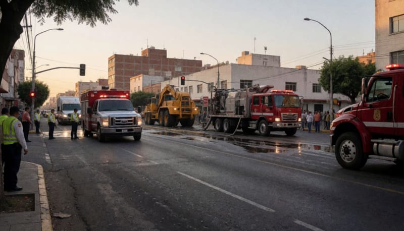 Camiones de emergencia con bombas aspirantes trabajando en la extracción de agua de una vialidad inundada en cruce urbano