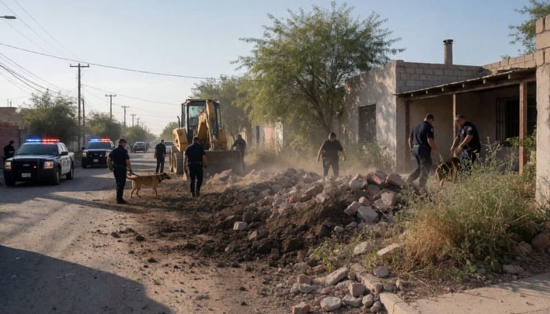 Maquinaria pesada removiendo escombros en un lote mientras elementos de seguridad realizan búsqueda en el terreno