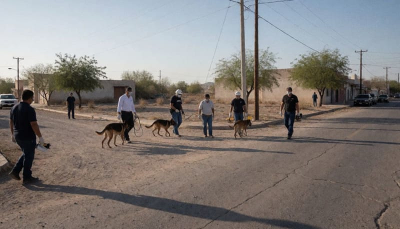 Personal de búsqueda y perros especializados rastreando terreno en operativo forense del sector oriente
