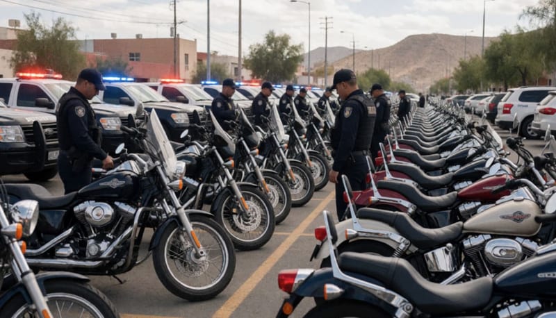 Motocicletas aseguradas alineadas en un estacionamiento durante operativo de seguridad