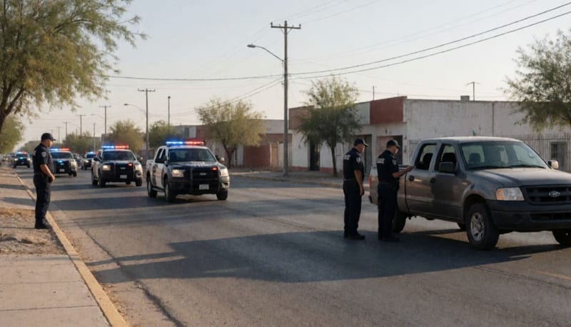 Operativo de seguridad en una calle de Delicias con vehículos patrulla y elementos revisando un automóvil