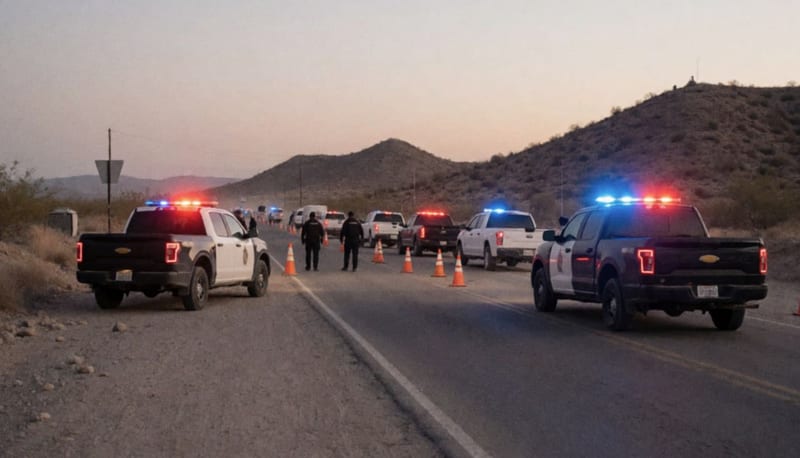 Patrullas con luces activadas en un punto de control sobre la carretera del desierto de Ojinaga