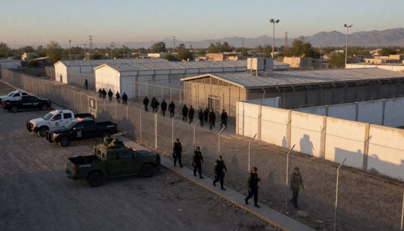 Elementos de seguridad realizando inspección en las instalaciones de un centro penitenciario al amanecer