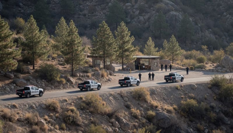 Patrullas de seguridad estacionadas en un camino de acceso a la sierra con vegetación de pinos y terreno rocoso