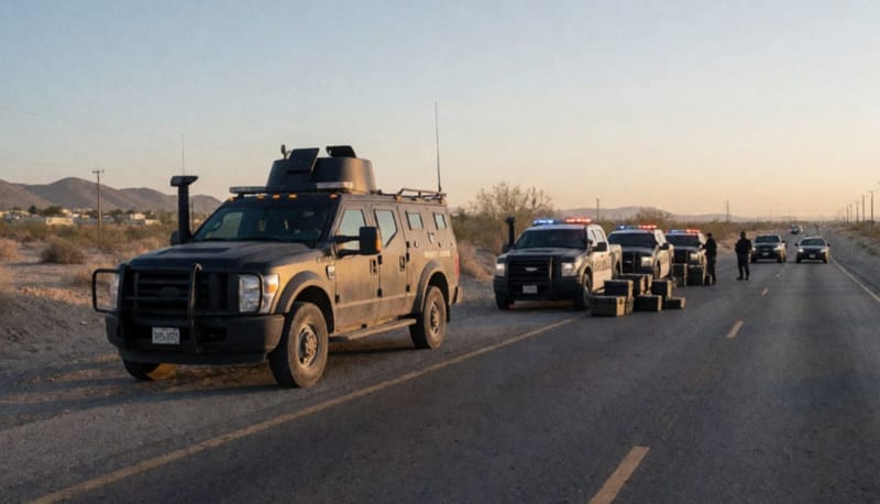 Operativo de seguridad en carretera desértica con vehículos y equipo decomisado en la región de Ojinaga