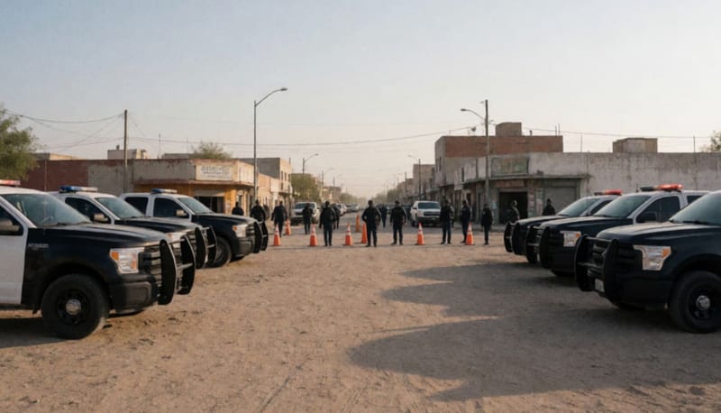 Calle de una localidad fronteriza con vehículos de seguridad y personal desplegado en un operativo de vigilancia