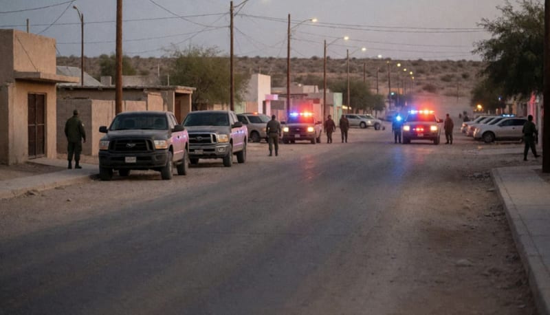 Vehículos y elementos de seguridad en una calle de Ojinaga durante operativo de detención