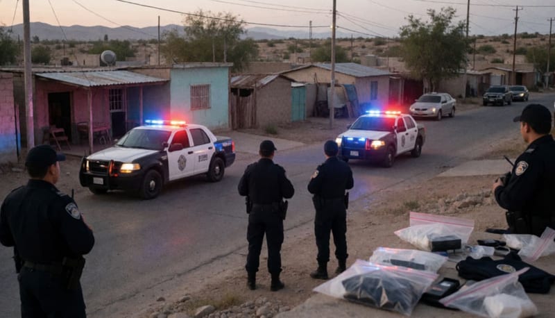 Elementos de seguridad realizando un operativo en una calle de la colonia con luces de patrulla activadas