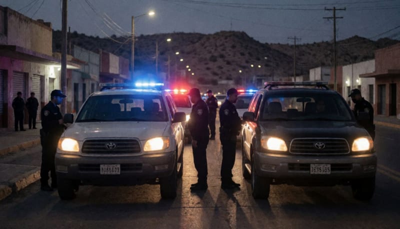 Operativo policial nocturno en una calle de la ciudad del norte de México, vehículos detenidos bajo luces rojas y azules