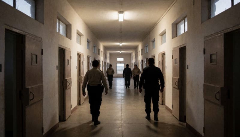 Pasillo de un centro penitenciario con celdas a ambos lados y personal de seguridad realizando inspección