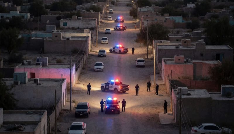 Patrullas con luces de emergencia durante operativo nocturno en zona residencial del desierto