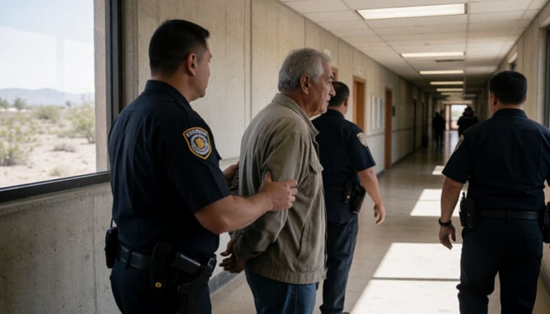 Hombre de edad avanzada siendo trasladado por agentes en un pasillo de juzgados