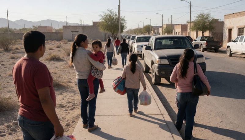 Familias desplazadas caminando con sus pertenencias por una calle polvorienta en la región norte de Chihuahua