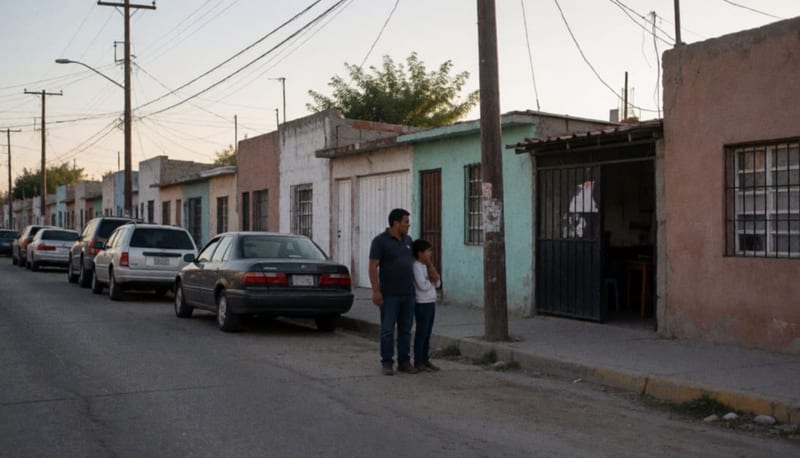 Callejón residencial en una colonia de la ciudad al atardecer, con casas modestas y una pareja de peatones sobre la banqueta