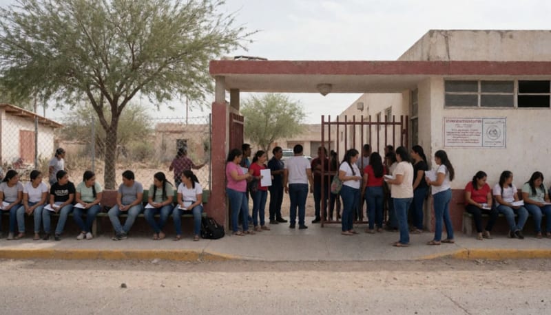 Padres de familia y estudiantes congregados en las afueras del Telebachillerato durante la toma de instalaciones