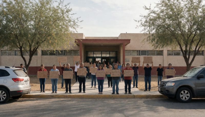 Padres de familia sosteniendo cartulinas de protesta frente a la entrada de una escuela primaria en Delicias