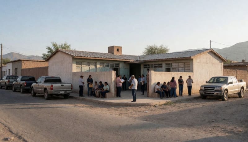 Padres y vecinos reunidos en el patio de una escuela de preparatoria en zona desértica del norte