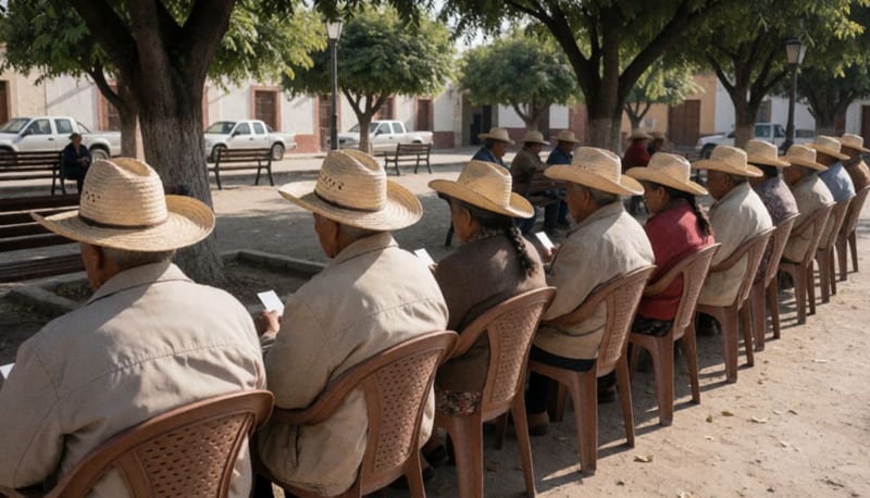 Adultos mayores sentados en sillas de plástico bajo la sombra de una plaza, vistos de espaldas, esperando en fila por la mañana
