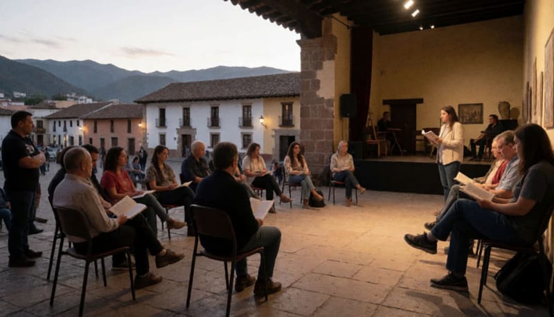 Asistentes reunidos en el patio de Palacio Alvarado durante el atardecer para el recital de poesía
