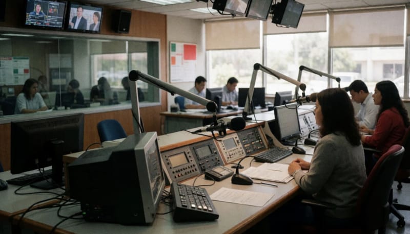 Interior de un estudio de radiodifusión con equipos de transmisión y personal trabajando en la sala de control