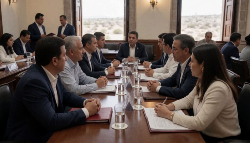 Legisladores reunidos alrededor de una mesa de trabajo en un salón de sesiones