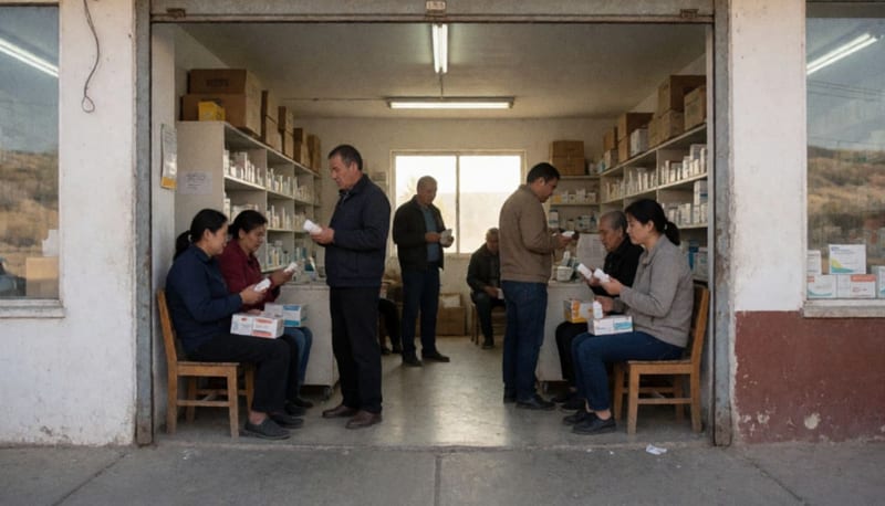 Ciudadanos esperando en el acceso a una farmacia comunitaria con cajas de medicamentos en estantes