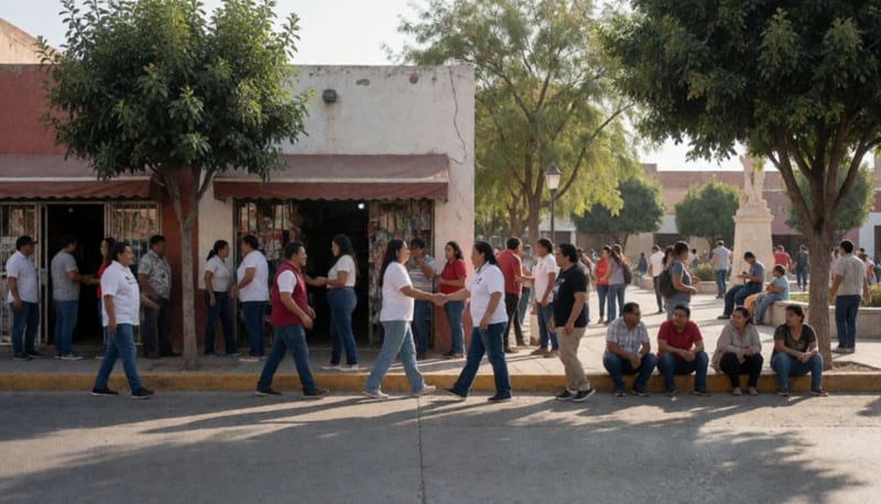 Voluntarios políticos interactuando con ciudadanos en una calle del centro municipal