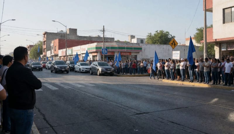Multitud de personas congregadas en una avenida con banderas azules durante una movilización política por la mañana