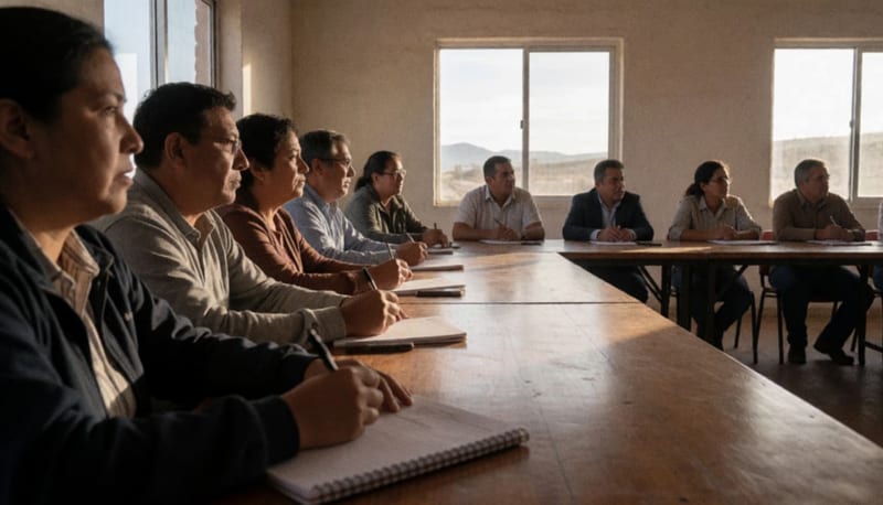 Grupo de personas reunidas alrededor de una mesa de diálogo en un espacio cerrado