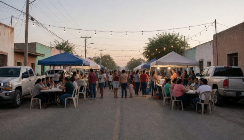 Ciudadanos y familias reunidos en una calle cerrada durante una convivencia comunitaria al atardecer